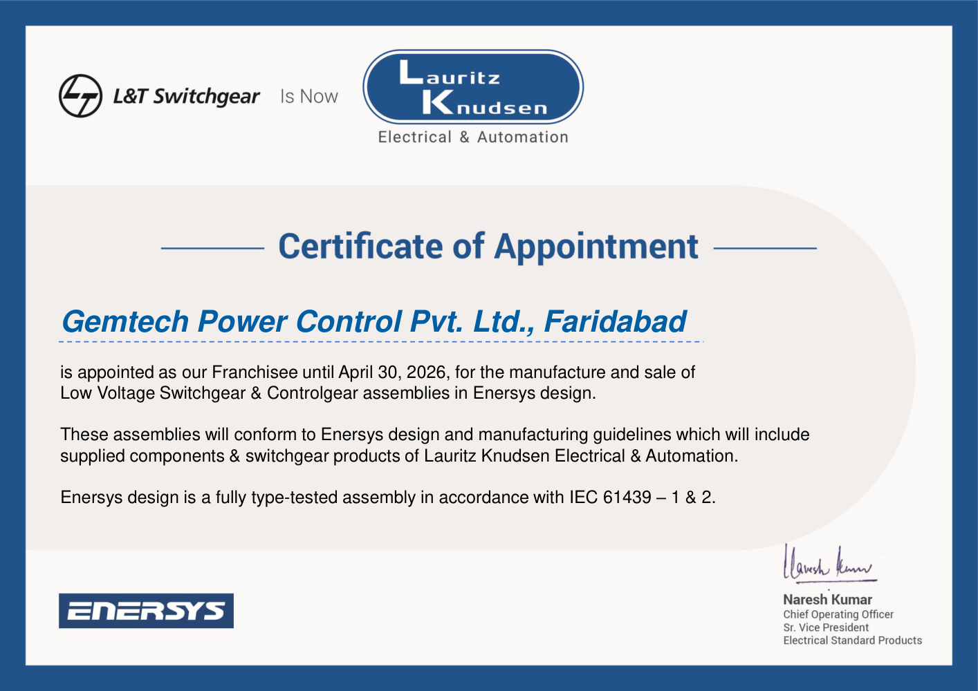 Gemtech Enersys franchise certificate preview