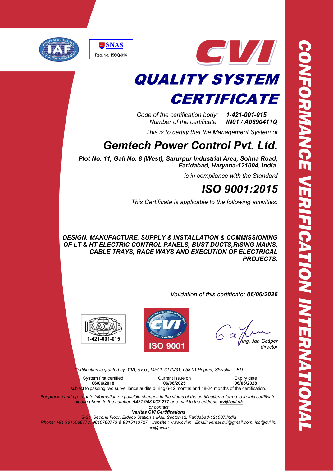 Gemtech ISO 9001:2015 certificate preview