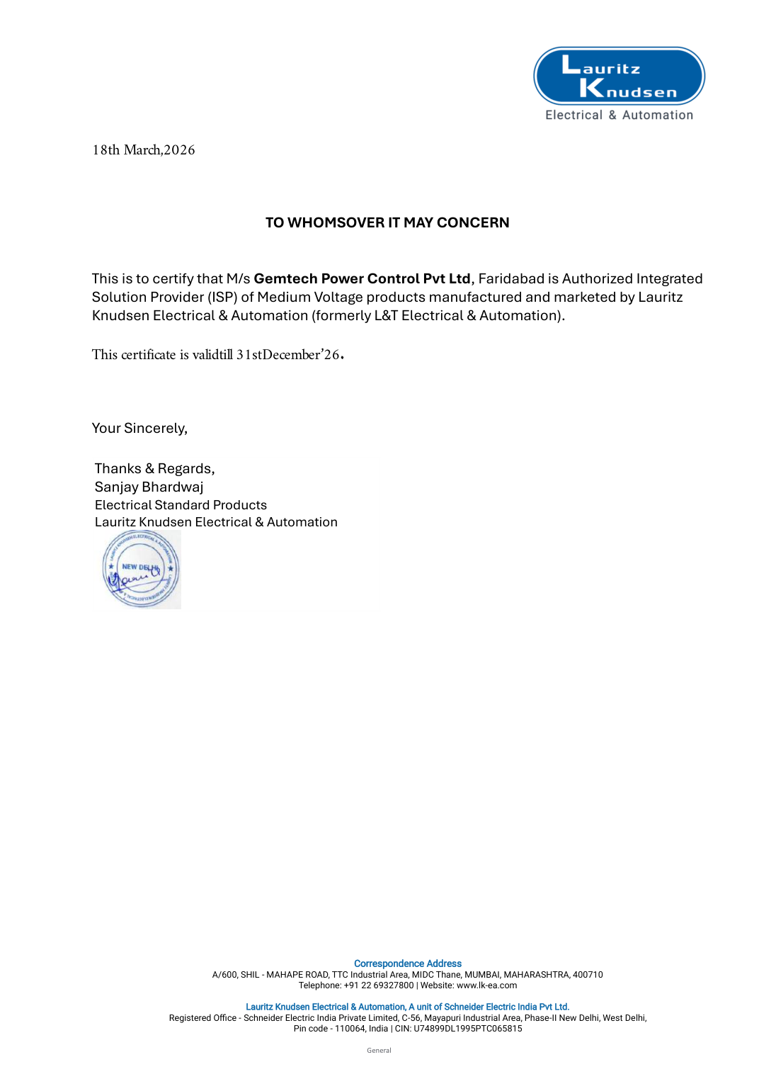 Gemtech HT integrated solution provider certificate preview