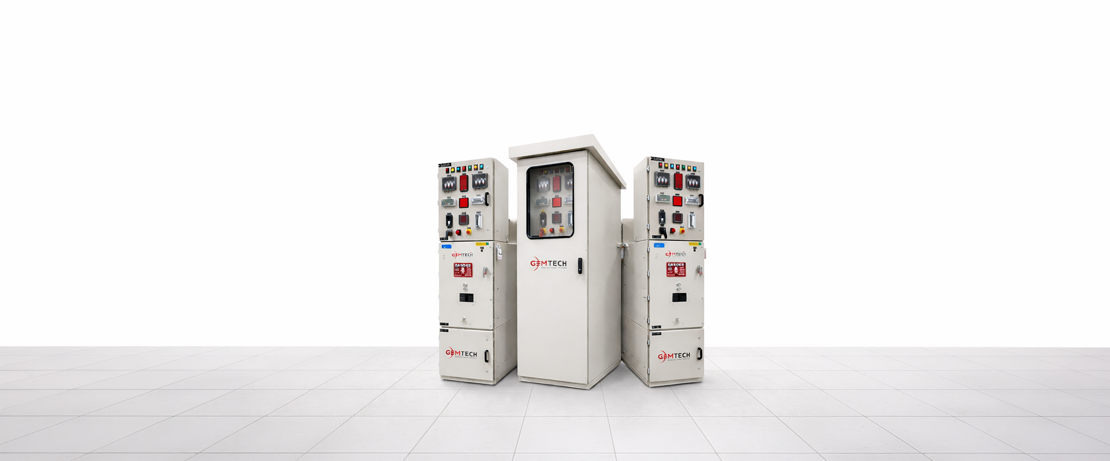 Gemtech compact electrical control panel arrangement in a bright industrial studio